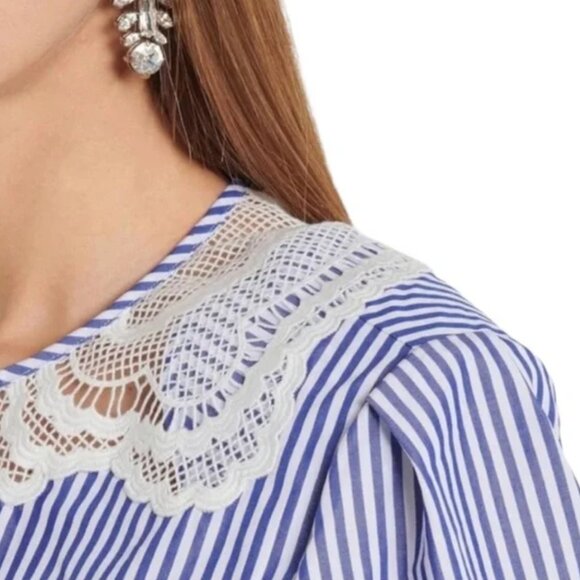 Self-Portrait Blue & White Embroidered Stripe Lace Inset Top - Picture 4 of 4